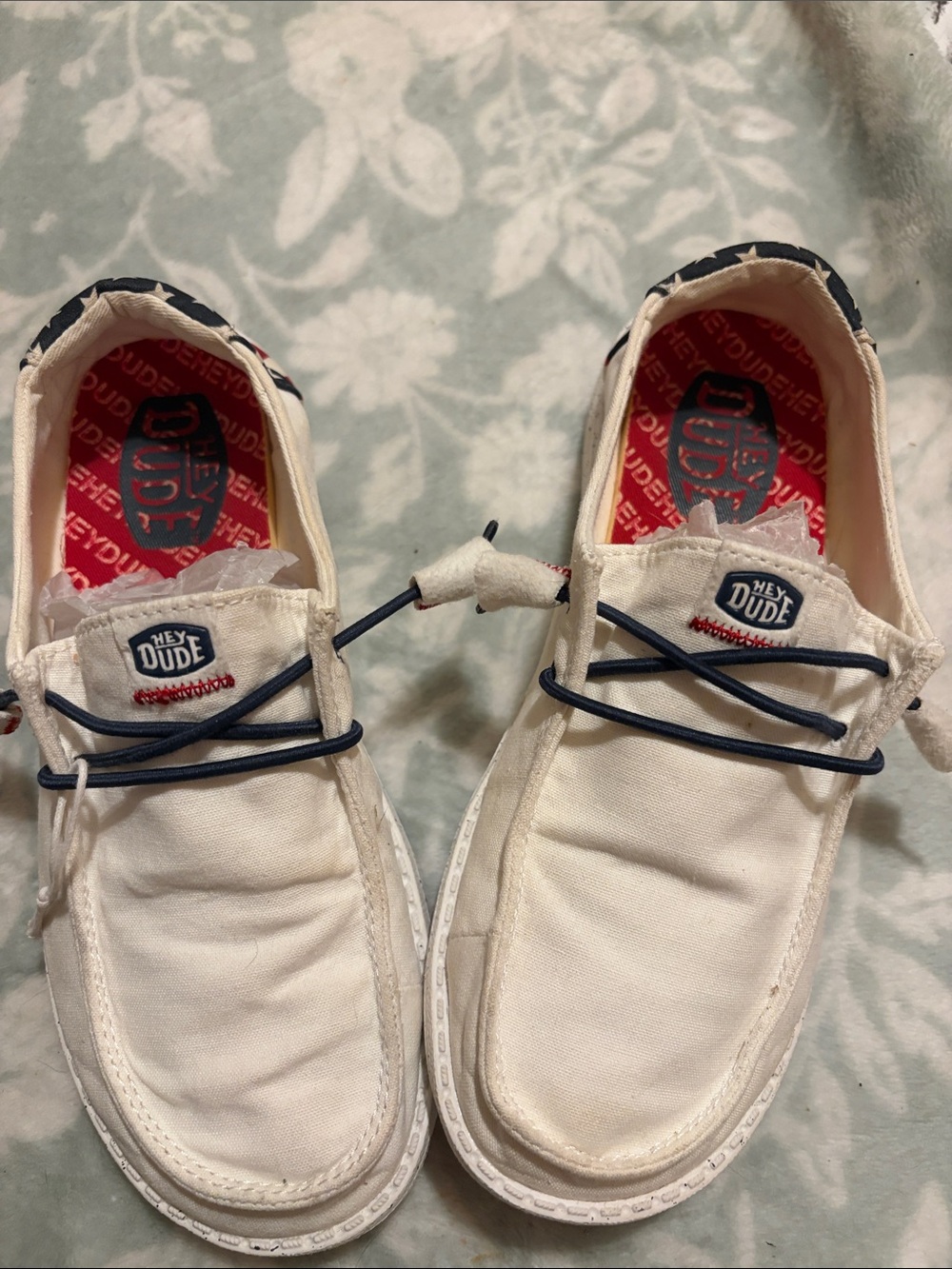 Hey Dude Cream Canvas Slip-On Loafers with Navy Laces